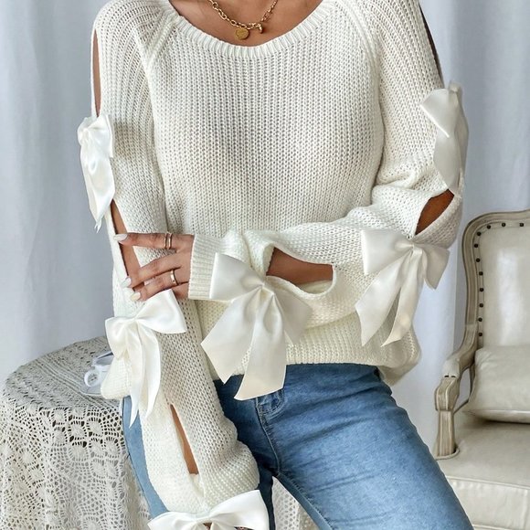 . Sweaters - White Preppy Womens Bow Detail Cut Out Raglan Sleeve Sweater